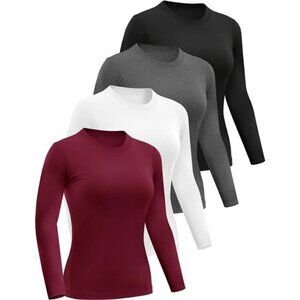 4 Pack Women’s Long Sleeve Basic Shirts Crew Neck Slim Fitted Compression Gym